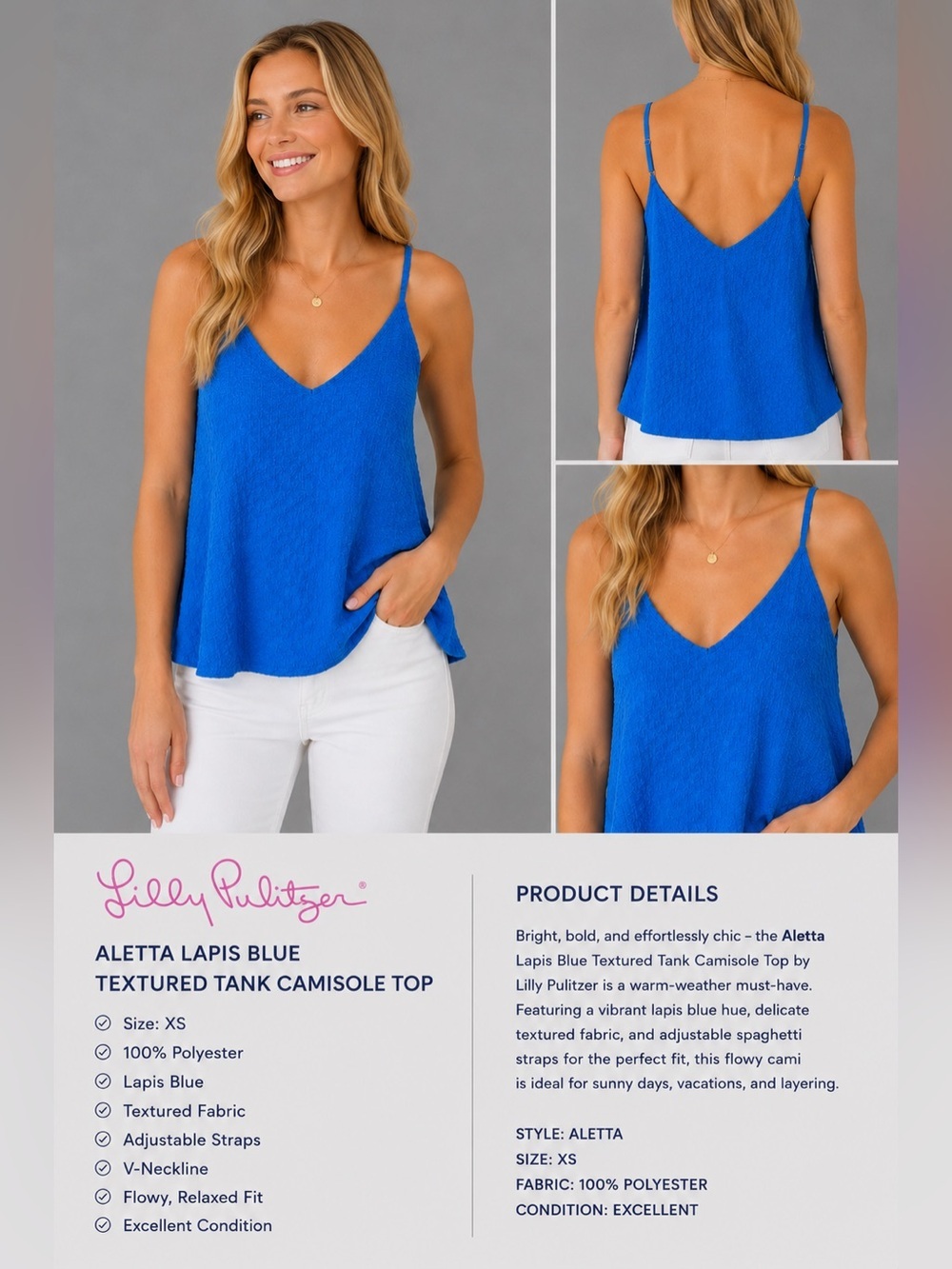 Lilly Pulitzer Women’s Aletta Lapis Blue Texturized Tank Camisole Top Size XS